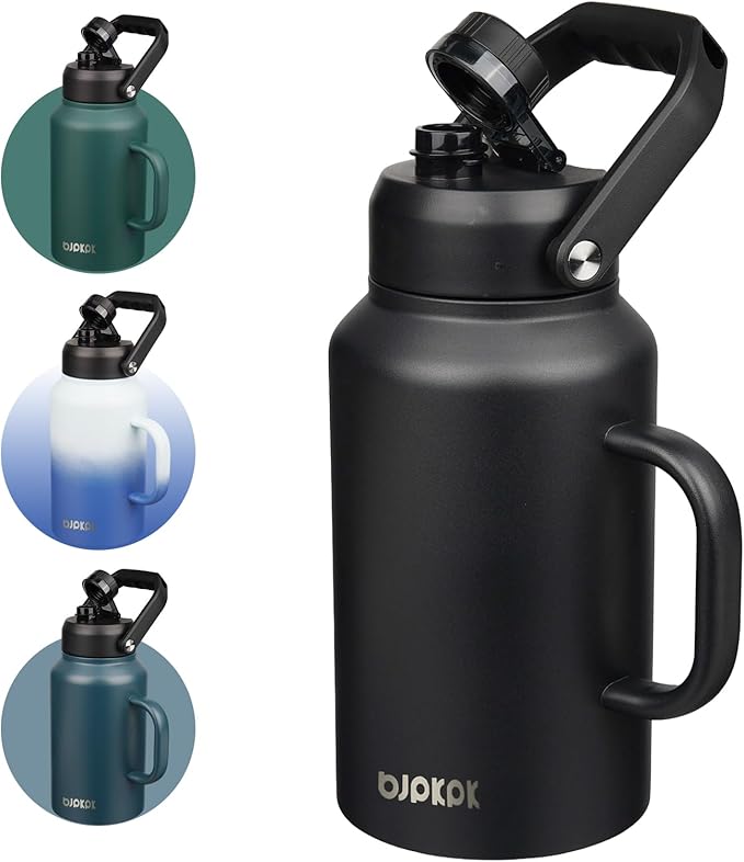 BJPKPK 87oz Insulated Water Bottle with Handle, Large Dishwasher Safe 2/3 Gallon Water Bottle, BPA Free Water Jug, Wide Mouth Metal Water Bottle with Anti-slip Bottom, Keep Cold & Hot,Black
