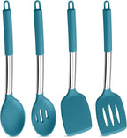 P&P CHEF Blue Kitchen Cooking Utensil Set of 4, Silicone Solid Spatulas Slotted Spoons Turners for Non-stick Cookware Flipping Mixing, Heat-proof