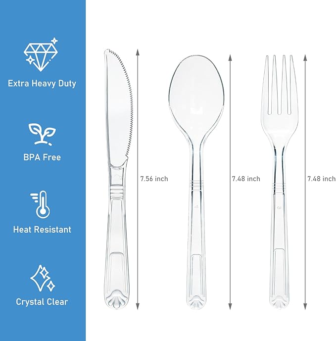 72 Pcs Extra Heavy Duty Plastic Silverware Set, Disposable Utensils includes 24 Knives, 24 Forks and 24 Spoons