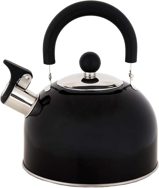 Lily's Home 2 Quart Stainless Steel Whistling Tea Kettle, the Perfect Stovetop Tea and Water Boilers for Your Home, Dorm, Condo or Apartment. (Black)