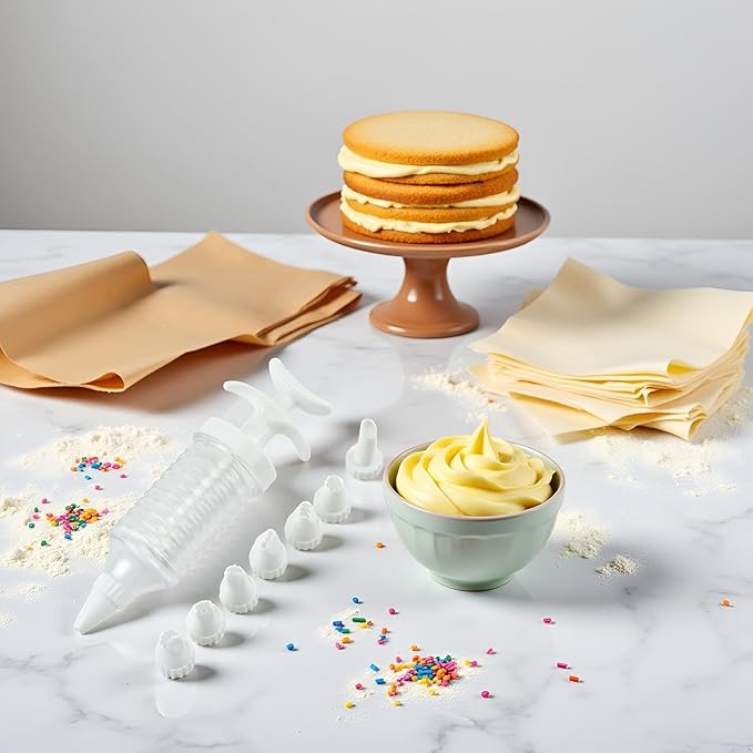 A Set Pipe Nozzles with Syringe, 8Pcs Plastic Cream Baking Piping Nozzle Dispenser Icing Pastry Tips Tube Decoration Tool