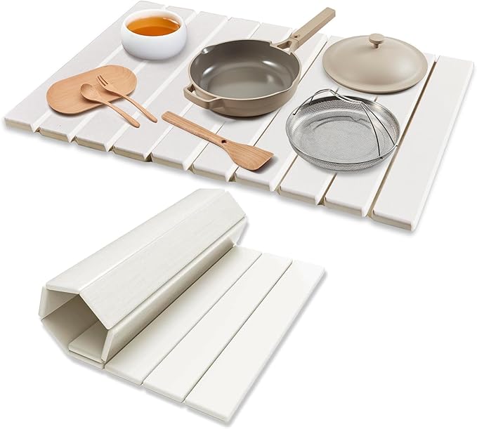 Large Stone Dish Drying Mats for Kitchen Counter, 24"(L)×16"(W) Collapsible Diatomaceous Earth Mats, Eco-Friendly Absorbent Dish Drying Mat for Dishes Bottles Cups, Match Any Countertop