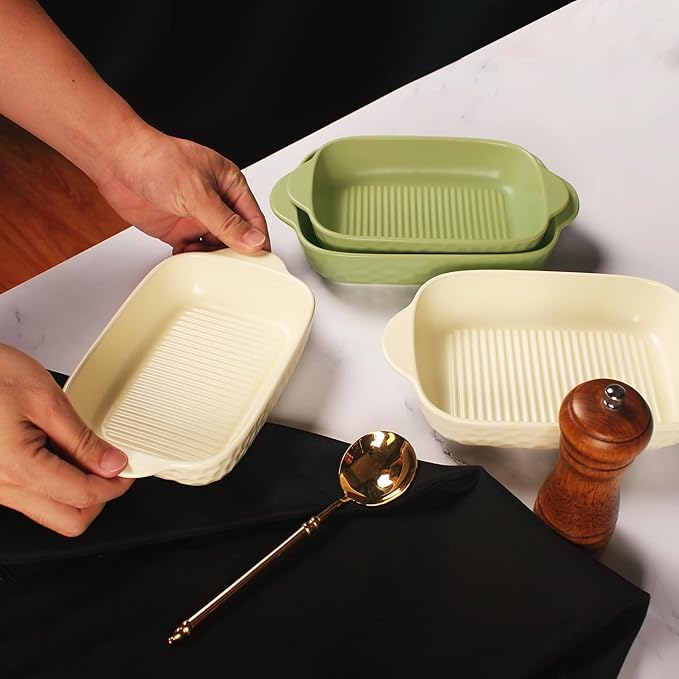 Rectangular Porcelain Baking Dish Set,Au Gratin Dishes,Casserole Dish, Ramekins 21 oz Bakeware Set of 2,Lasagna Pans for Cooking,Cake Dinner,Kitchen, Carry Handles 9.5" x 5.5" (Beige