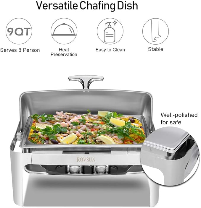 ROVSUN 2-Pack Roll Top Chafing Dish Buffet Set,9 Quart Full Size Pan Chafer, NSF Stainless Steel Rectangular Setfor Wedding,Parties,Banquet, Catering Events