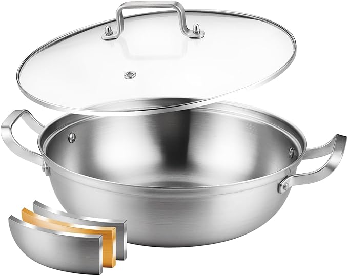DELARLO Tri-Ply Stainless Steel 11 inch Everyday Pan with Lid, Kitchen Induction Deep Saute Pan,shabu shabu pot High Side Cooking Pot 3.5QT, Oven Safe Stock Pot, Up to 600℉