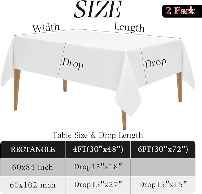 2 Pack White Table Cloth Rectangle 60x84 Inch Polyester Tablecloths for 5ft Rectangle Tables - Reusable Wrinkle Resistant Washable Cloth Cover for Wedding Banquet Party | Hemmed Edges