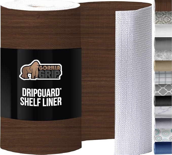 GORILLA GRIP DripGuard Drawer and Shelf Liner for Cabinet, Slip Resistant Non Adhesive Protection for Kitchen, BPA Free Smooth Surface Plastic Liners for Cabinets, Bathroom Drawers, 12x240 Inch, Wood