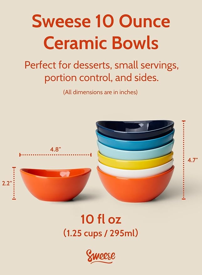 Sweese Porcelain Bowls Set - 5 Inch, 10 oz, Assorted Colors, Set of 6, Microwave Dishwasher Safe for Desserts, Soups