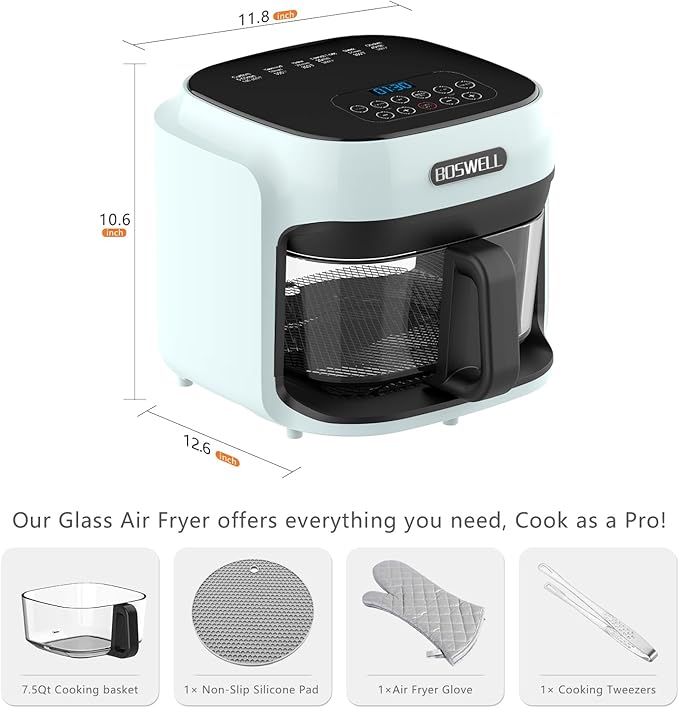 BOSWELL Glass Air Fryer, 7.6QT with Transparent Fry Bowl, Circulating Heating, Temperature Control, Stainless Steel Air Fryer Roast, Dishwasher Safe (Green)