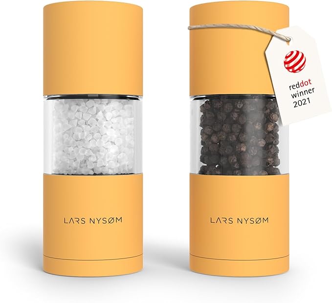 LARS NYSØM Salt and Pepper Grinder Set I Salt and Pepper Mills with Adjustable Ceramic Grinder 2 pieces I Manual Design Spice Mill Set (Mustard Yellow)