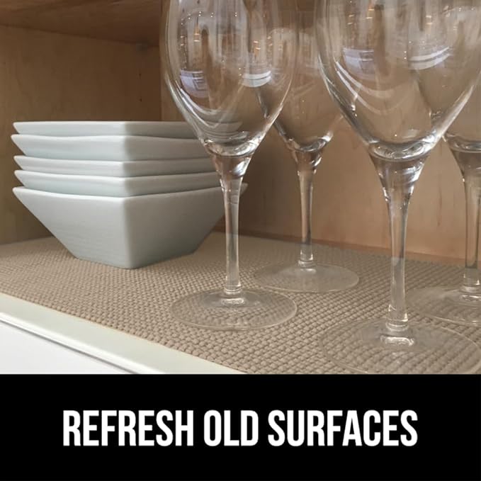 GORILLA GRIP powerGRIP Drawer Shelf and Cabinet Liner, Thick Strong Hold, Non-Adhesive Liners Protect Kitchen Cabinets and Cupboard, Bathroom Drawers, Easy Install, Breathable Mat, 17.5" x10', Beige
