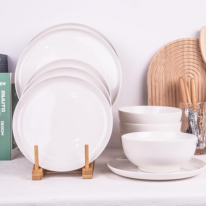 12-Piece Dinnerware Set for 4, White Porcelain Plates and Bowls, Chip Resistant Dishwasher Microwave Safe