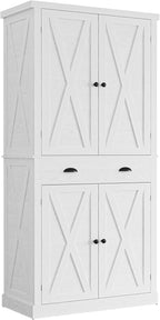 IRONCK Kitchen Pantry Storage Cabinet 72.6" H, with Barn Doors, Drawer, 4 Adjustable Shelves, Freestanding Cupboard, Laundry, White