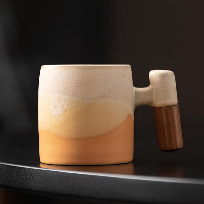 2-Oz Ceramic Espresso Cups with Wood Handle, 2/4-Piece Set for Coffee, Tea, Latte - Dishwasher Safe, Multi-Color & Wood Styles, Gift & Café Use (Kiln turning yellow, Wooden Handle2)