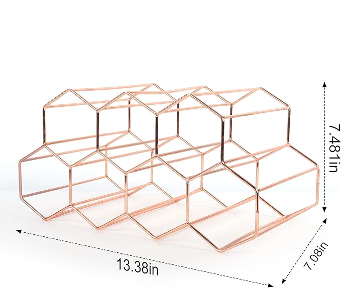 Rose Gold Wine Racks Countertop 9 Bottle,Geometric Stainless Steel Wine Bottle Holder,Compact Small Wine Rack for Cabinet Pantry Bar Table No Assembly Required