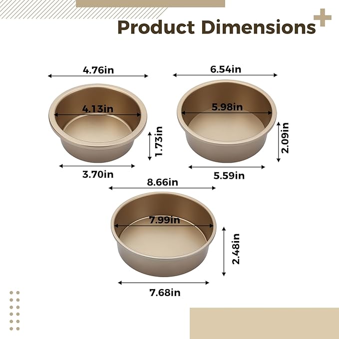 3 PCS Round Removable Bottom Cake Pans, Nonstick Carbon Steel Baking Pans for Chiffon Cheesecake and Sponge Cake, 4 in 6 in 8 in Bakeware Kit for Home Oven Use, Black Finish