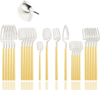 JASHII Silverware Set Satin Finish 24-Piece Stainless Steel Flatware Set Kitchen Utensil Set Service for 6 Tableware Cutlery Set Dishwasher Safe (Matte Yellow Silver)