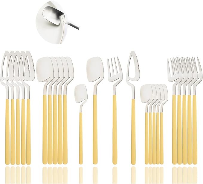 JASHII Silverware Set Satin Finish 24-Piece Stainless Steel Flatware Set Kitchen Utensil Set Service for 6 Tableware Cutlery Set Dishwasher Safe (Matte Yellow Silver)