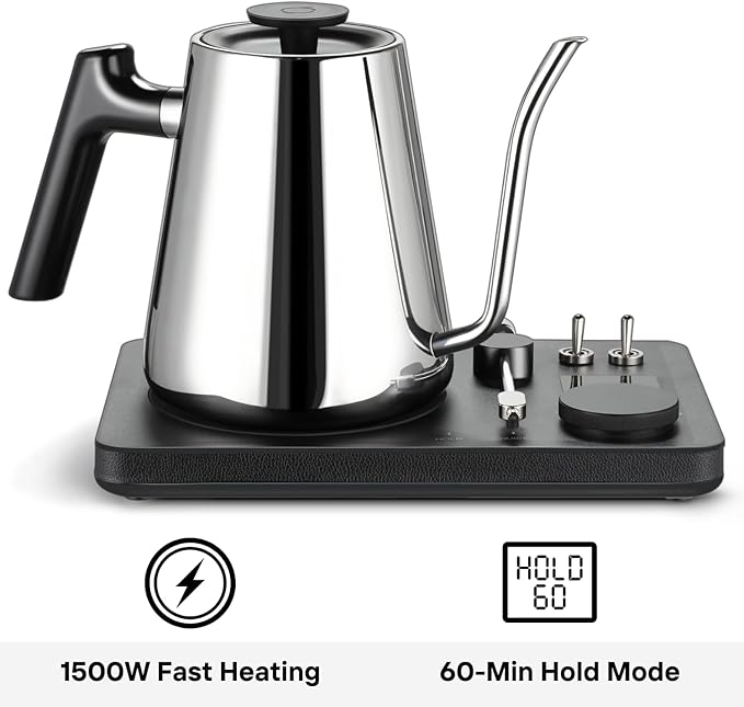 Lafeeca DJ Electric Gooseneck Kettle for Pour Over Coffee & Tea - Water Boiler - Turntable Design - Quick Heating & Temperature Control - Stainless Steel