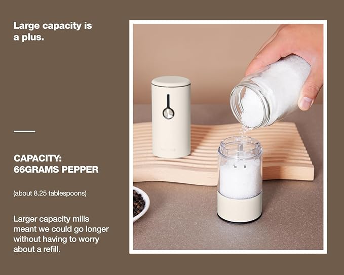 Stainless Steel Rechargeable Electric Salt and Pepper Grinder Set, USB Charging with Dust Cover, 6 Adjustable Grinding Modes + LED Light 2packBlack+Cream