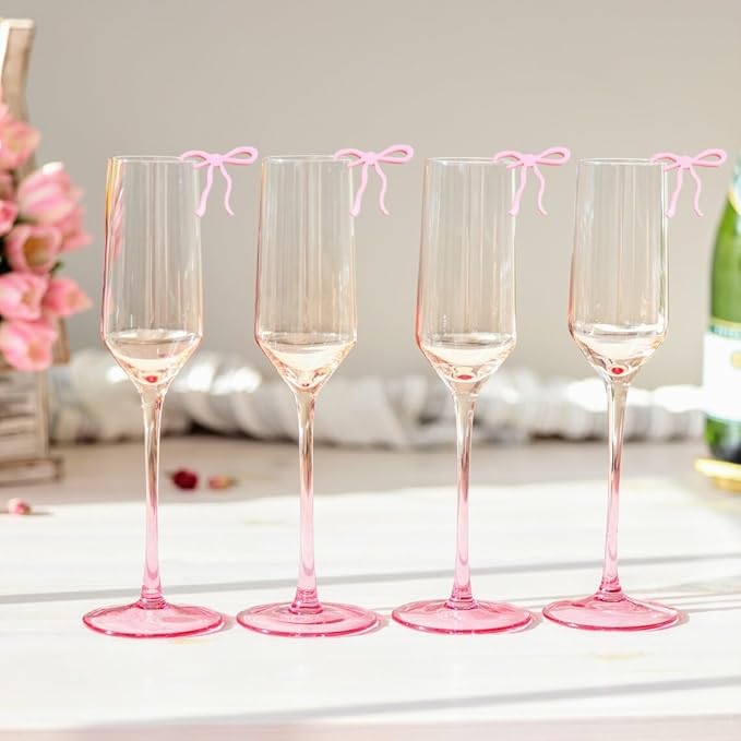 20 pcs Bow Drink Markers, Acrylic Drink Tags Bow themed Party Favors, Coquette Birthday Wedding Cocktail Party Decorations Pink Bow Party Accessories (Pink tags)
