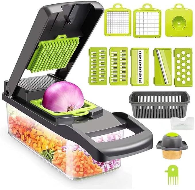 Vegetable Chopper, Veggie Chopper with Container and Lid, Kitchen Vegetable Slicer, Cheese and Onion Slicer, Multifunctional Food Chopper (Black)