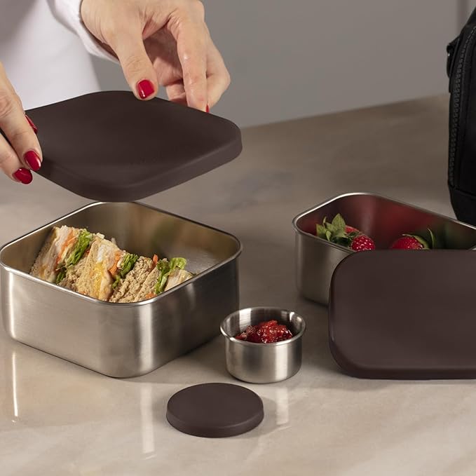 Flexibento - Leak proof Stainless Steel Lunch Box | Lunch Containers| Bento Box | 25 OZ, 2 * 12OZ, 2 * 1.5 OZ set |Snack Containers |Metal Lunch Box |SIlicone Lids|Meal Prep - Mocha Brown