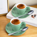 Porcelain Espresso Cup with Saucer And Stainless Steel mini Spoons, Espresso shot Cup, 80ml/2.7Oz, Pack of 2, Cyan