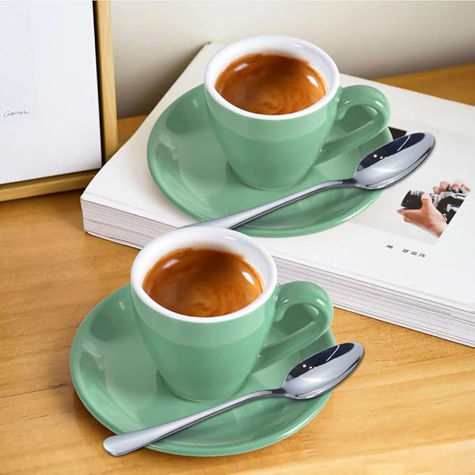 Porcelain Espresso Cup with Saucer And Stainless Steel mini Spoons, Espresso shot Cup, 80ml/2.7Oz, Pack of 2, Cyan