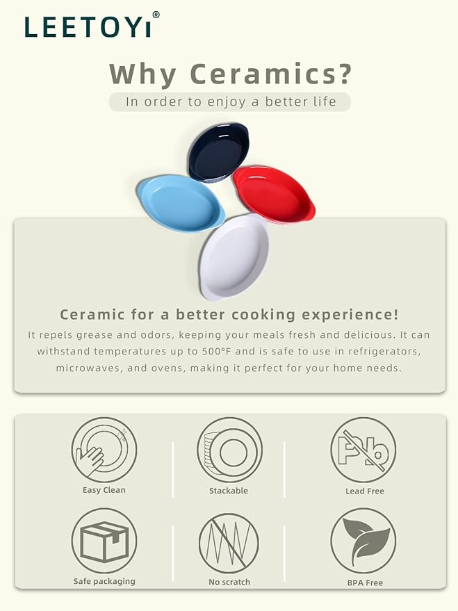 LEETOYI Porcelain Small Oval Au Gratin Pans,Set of 4 Baking Dish Set for 1 or 2 person servings, Bakeware with Double Handle for Kitchen and Home, Turquoise