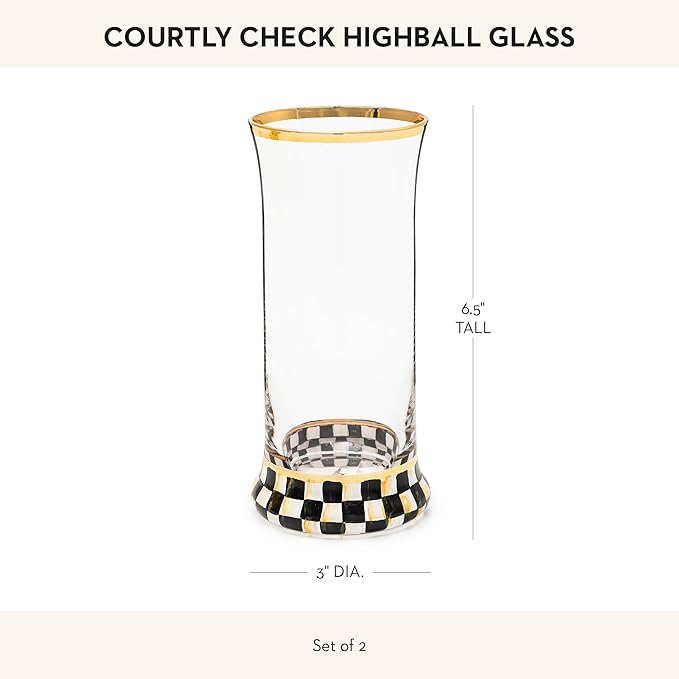 MACKENZIE-CHILDS Highball Glasses, Tall Drinking Glasses with Gold Rims, 15 Ounces, Set of 2, Black-and-White Courtly Check
