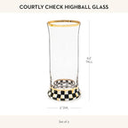 MACKENZIE-CHILDS Highball Glasses, Tall Drinking Glasses with Gold Rims, 15 Ounces, Set of 2, Black-and-White Courtly Check