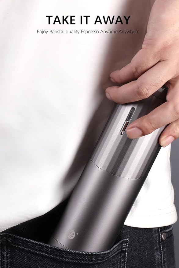 Electric Coffee Grinders, Portable Burr Grinder Capacity 50g w/Magnetic Cover,External Adjustable Setting, Aluminum Alloy Body, 800mAh Battery(Stand not Included) Silver