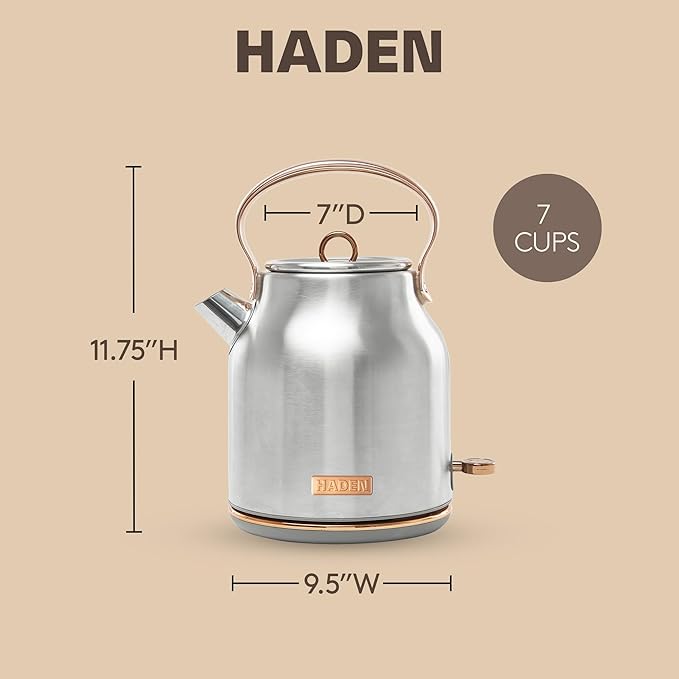 Haden Heritage 1.7 Liter Stainless Steel Electric Kettle, Hot Water Kettle with 360-Degree Base and Auto Shutoff, Steel & Copper