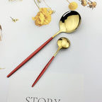 JASHII Flatware Serving Set 24 Piece, Stainless Steel Silverware Set, Red Gold Cutlery Set, Modern Elegant Tableware Set for Party, Christmas, Dinner (Red Gold)