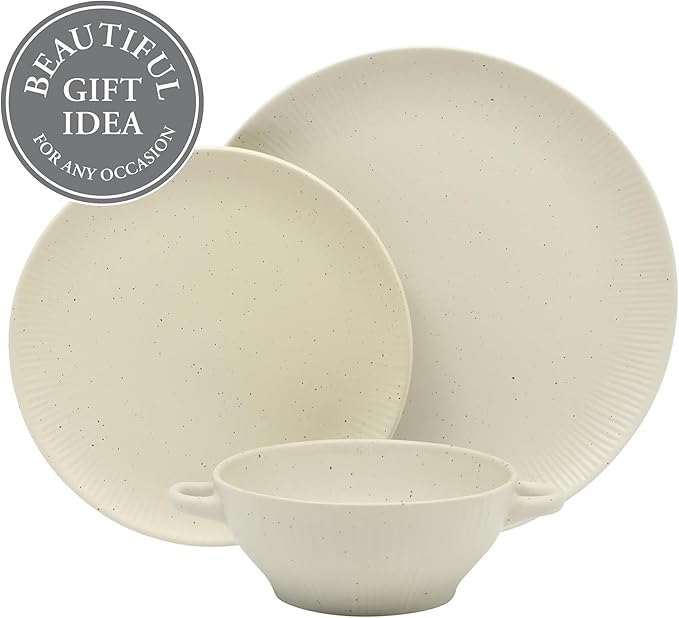 Gibson Elite Clover Hill 12-Piece Stoneware Dinnerware Set – White Cream Embossed Plates and Bowls with Matte Speckled Reactive Glaze, Service for 4 – Microwave & Dishwasher Safe