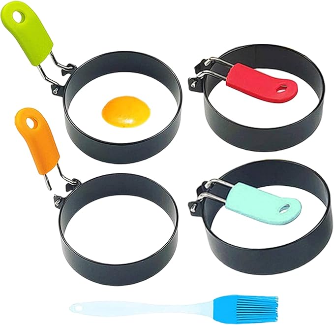 4 Pack Egg Rings,Stainless Steel Frying Ring Tool Non Stick Egg Frying Rings with Folding Handles and Oil Brush for Cooking Breakfast Sandwich Burger(COLOR:black)