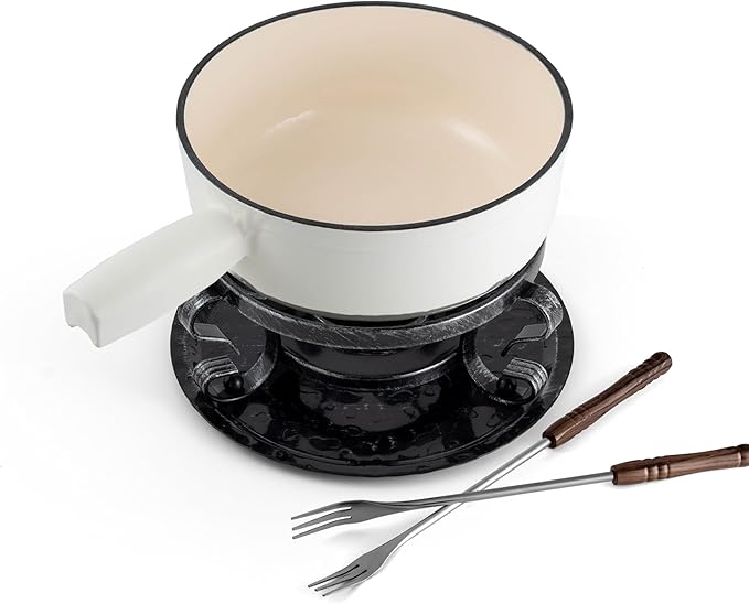 Swissmar Lugano Cast Iron Cheese Fondue Set, 9-Piece, 2 QT / 2 L - Ideal for Melting Cheese, Chocolates, Caramel, & More - Perfect for Kitchen Collection & Gift Giving - Matte White