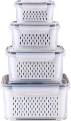 4 Pack Large Fridge Food Storage Container Set with Lids with Strainer, Fruit Vegetable Storage Containers Keep Fruits, Vegetables, Berry, Meat Fresh longer , BPA-Free Plastic Produce Keepers