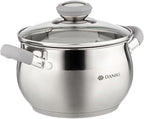 Daniks Modern 2 Quart Stainless Steel Stock Pot with Glass Lid, Tri-Ply Bottom for Even Heating, Induction Compatible, Dishwasher Safe, Heatproof Handles