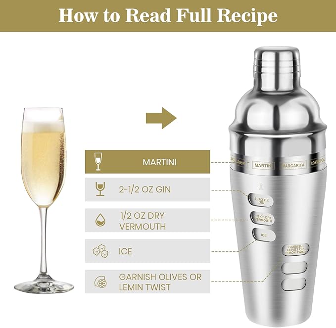 Cocktail Shaker Martini Shaker Set with Recipe, 24 oz Martini Shaker Drink Shaker Drink Mixer Stainless Steel Cocktail Shaker Set Bartender Kit