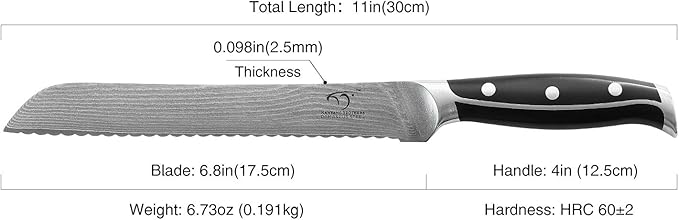 Damascus Kitchen Knife, 8 Inch Serrated Bread Knife Professional Kitchen Knife Forged with VG10 Super Steel 67-Layer, Non-slip ABS Ergonomic Triple Rivet Handle, Razor Sharp Lightweight Multipurpose