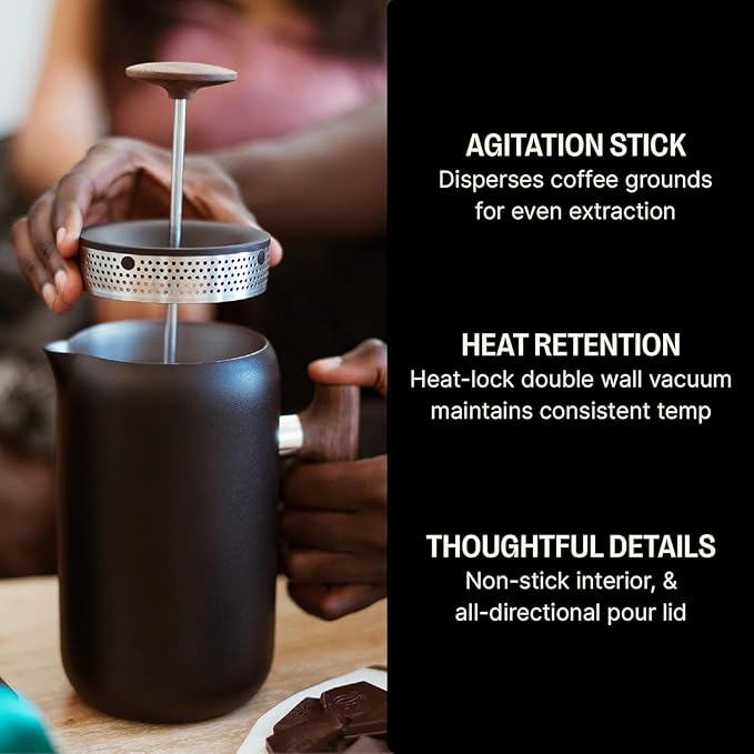 Fellow Clara French Press Coffee Maker - Portable Stainless Steel Coffee Press, Insulated Manual Brewer, Matte Black with Walnut, 24 oz Carafe