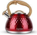 Tea Kettle, Toptier Teapot Whistling Kettle with Wood Pattern Handle Loud Whistle, Food Grade Stainless Steel Tea Pot for Stovetops Induction Diamond Design Water Kettle, 2.7-Quart Red