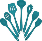 Silicone Cooking Utensils Set, E-far 7-Piece Blue Heat Resistant Kitchen Utensils Set, Kitchen Nonstick Tools Spatula Ladle Spoon Pasta Server for Non-stick Cookware, Non-Toxic & Dishwasher safe