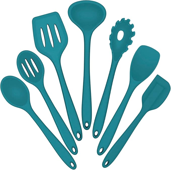 Silicone Cooking Utensils Set, E-far 7-Piece Blue Heat Resistant Kitchen Utensils Set, Kitchen Nonstick Tools Spatula Ladle Spoon Pasta Server for Non-stick Cookware, Non-Toxic & Dishwasher safe