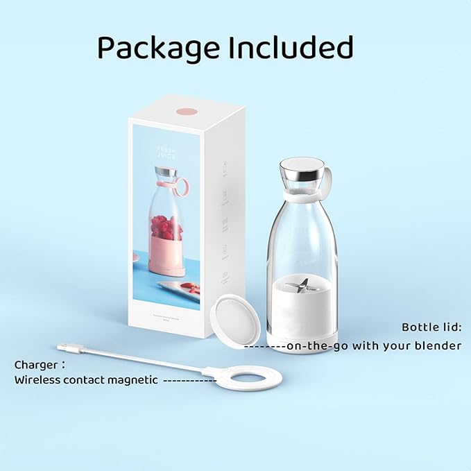 Asa Vea Mini Blender for Smoothies and Milkshakes, Portable Blender, Rechargeable, Personal Size Blender with Quota Outer Travel Lid with 4 Blades, 11 oz for Outdoors, Camping (White)