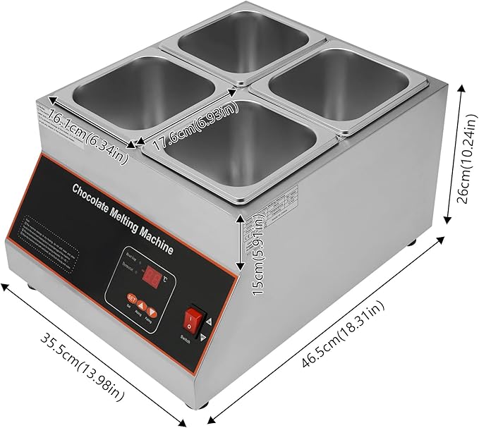 Chocolate Melting Pot, 500W 12kg/26.5lbs Electric Chocolate Tempering Machine, Stainless Steel Commercial Chocolate Melter Food Warmer for Catering Restaurant, 4 Tanks, 32-203°F