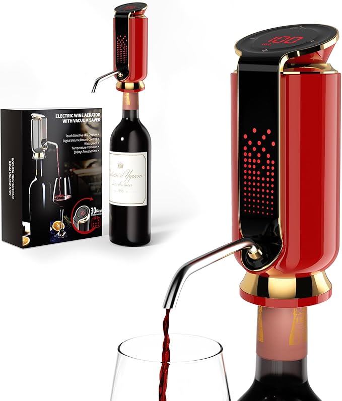 Luxurious 3-in-1 Electric Wine Aerator, Decanter, Dispenser & Vacuum Pump. Touch Screen LED Display - Wine Preservation System with Temp Monitor, Gift for Wine Lovers Women Men (Red)