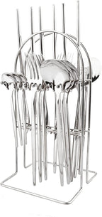 24-Piece Mirror Silver Cutlery Set, Snplowum Stainless Steel Flatware Hanging Tableware Silverware Set Include Knife/Fork/Spoon/Teaspoon and Storage Rack For Daily Use, Service For 6